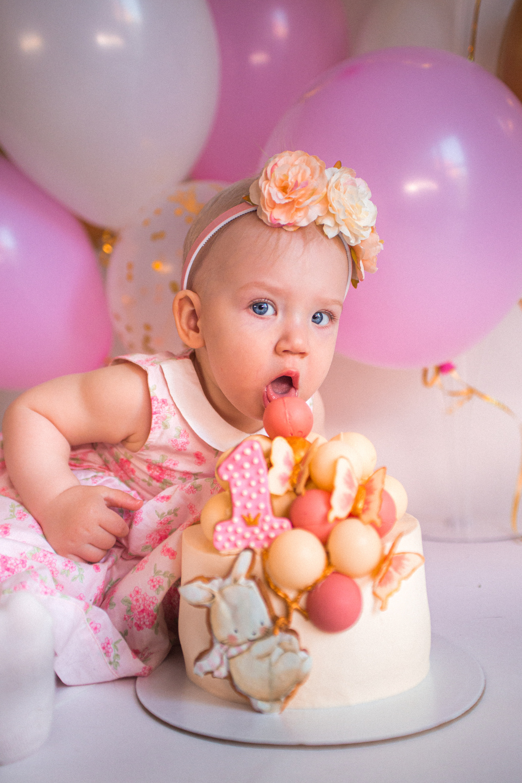 Baby Girl Eating Birthday Cake